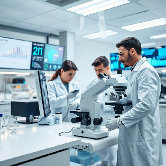 Equipe técnica da LR Soluções em Saúde operando equipamentos laboratoriais